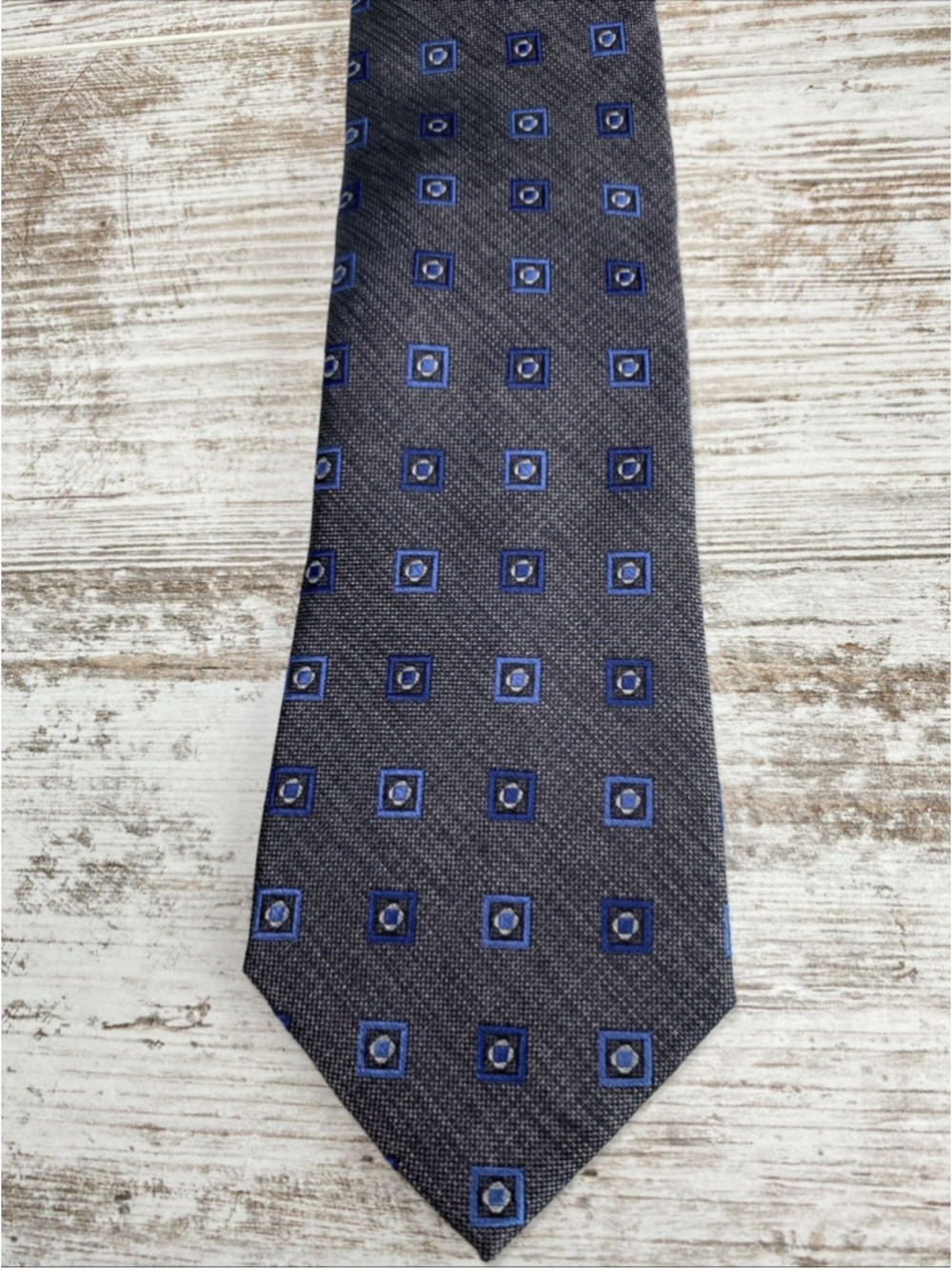 Pronto Uomo Platinum Silk Tie Gray Blue Geometric Squares Classic Mens 60”